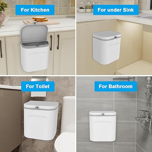 Naisu 3 Pack 1.12 Gallon Kitchen Garbage Bin for Counter Top or Under Sink, Stick on the Wall,Hanging Small Trash Can with lid for Cupboard/Bathroom/Bedroom/Office(White)