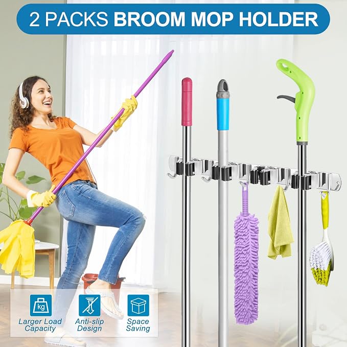 IMILLET 2 Pack Plastic Broom Holder & 2 Pack Stainless Steel Broom Holder