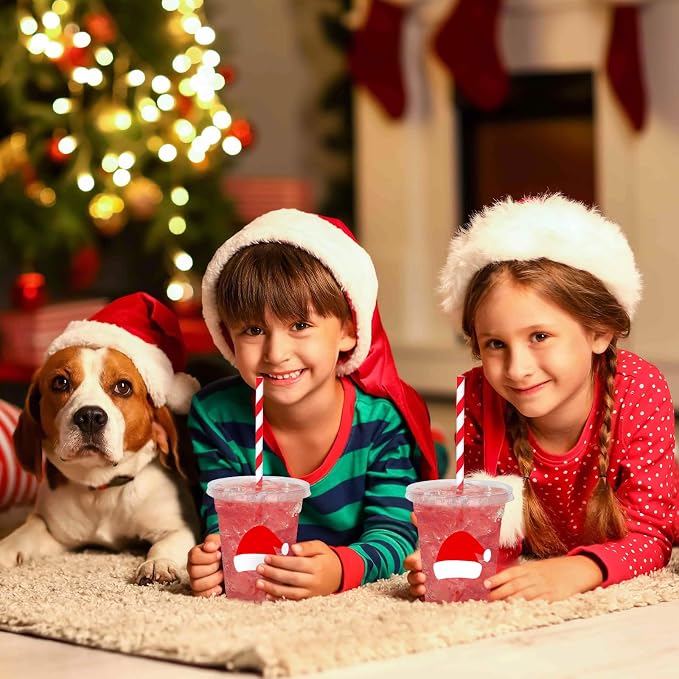 Whaline 50 Pcs 12 Oz Christmas Disposable Plastic Cups with Lids and Straws Red Santa Hat Cold Beverage Drinking Cups for Winter Xmas Birthday Party Supplies
