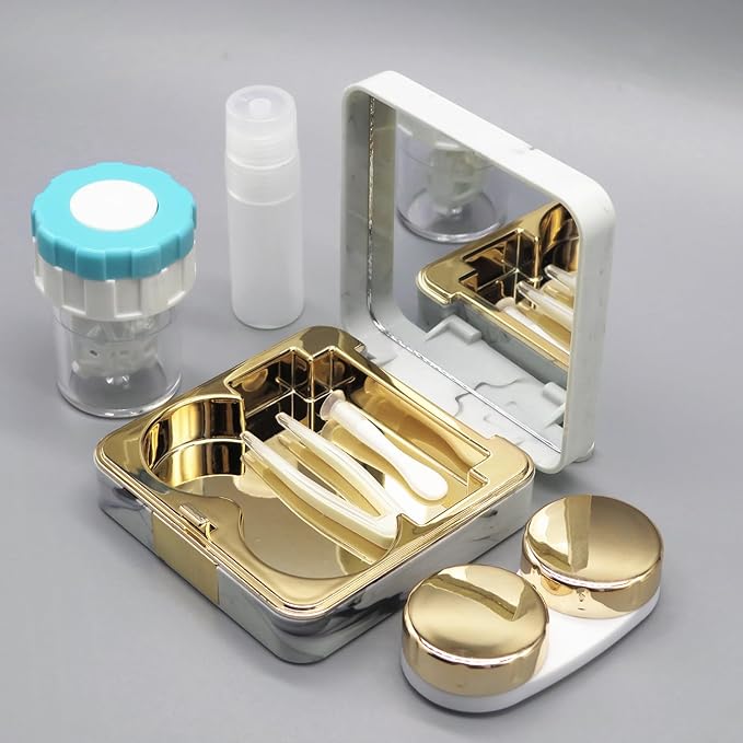 Vastsoon Contact Lens Case with Cleaner Washer, Portable Cute Eye Contacts Colored Lenses Applicator Remover Tool Kit with Mirror Solution Bottle Travel Size for Daily Outdoor Use(Square, Gold)