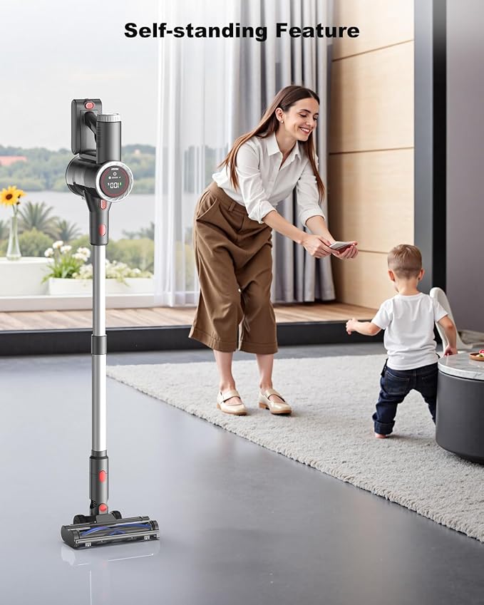 Cordless Vacuum Cleaner, Stick Vacuum Rechargeable, 550W 45KPA Powerful Suction Lightweight Vacuum Cleaners for Home, Anti-Tangle, Self Standing for Pet Hair Hardwood Floor Carpet - Silver