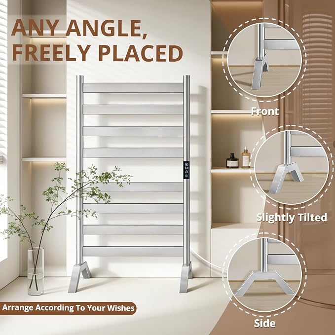 Heated Towel Racks for Bathroom Freestanding & Wall Mounted, WiFi-enable Electric Towel Warmer Rack, Extra-Wide Heating Area Fast Heating with Timer & Temperature Control, 8 Bars, Nickel Silver
