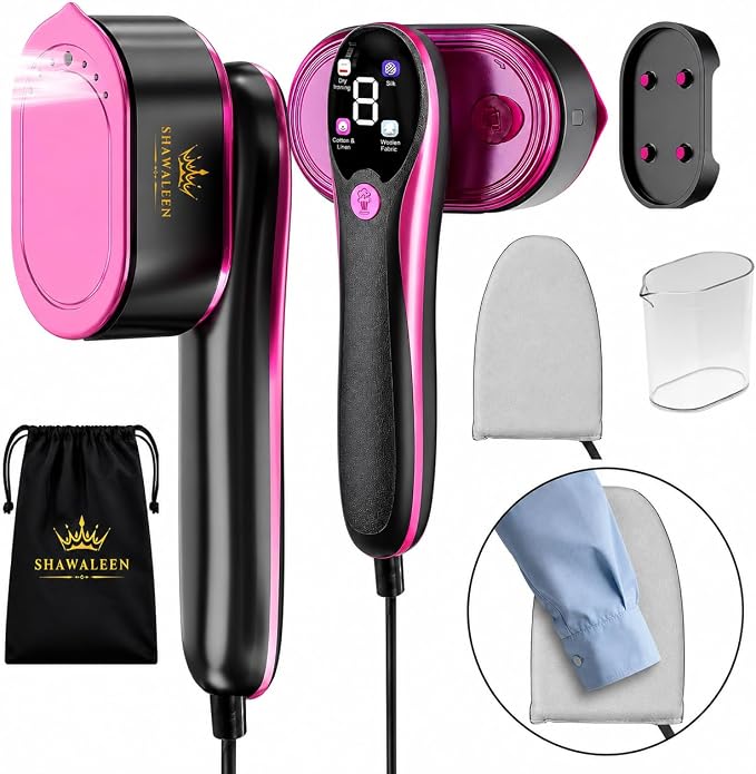 Travel Steamer for Clothes with Ironing Gloves, All-Fabric Wrinkle Removal 4 Adjustable Modes, 10s fast Heat Up, Large Ceramic Heat Panel, 100ml water tank, 2in1 Steamer Iron1200W (110-120V) (PINK)