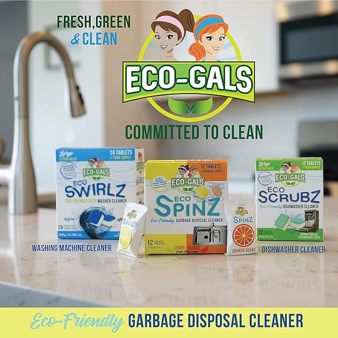 ECO-GALS Appliance Cleaner Bundle With Eco-Swirlz Washing Machine Cleaner for Standard and H.E. Washers Plus Eco Scrubz Dishwasher Deodorizer and Descaler Cleaner Plus Eco Spinz Disposal Cleaner