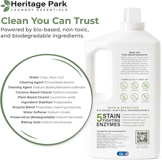 Heritage Park Luxury Laundry Detergent | Dermatologist Tested Plant based Natural & Enzyme Laundry Detergent | Sensitive Skin Friendly - Fragrance Free (64 fl oz)