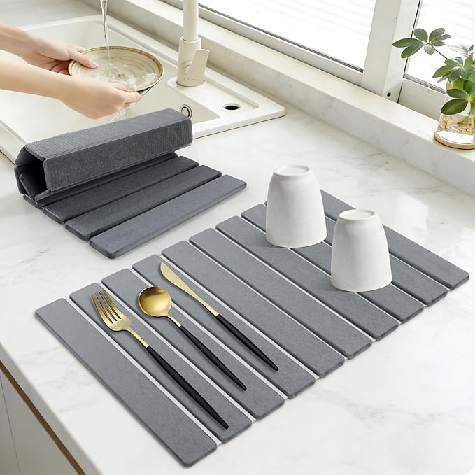 Large Stone Drying Mat for Kitchen Counter, Collapsible Stone Dish Drying Mats, Water Absorbing Diatomaceous Earth Drying Stone for Kitchen Counter, Kitchen Dish Drying Stone Mat, 24"×16" (White)