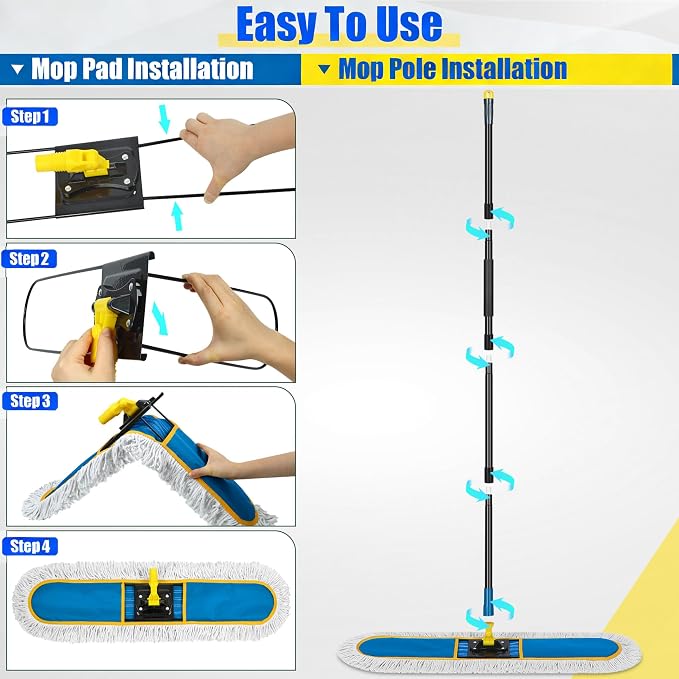 24" Commercial Dust Mop for Floor Cleaning, Heavy Duty Large Industrial Floor Duster with 2 Cotton Mops Pads, Wet Dry Mops for Hardwood Floors, Concrete, Marble, Laminate, Tile, Garage, Blue