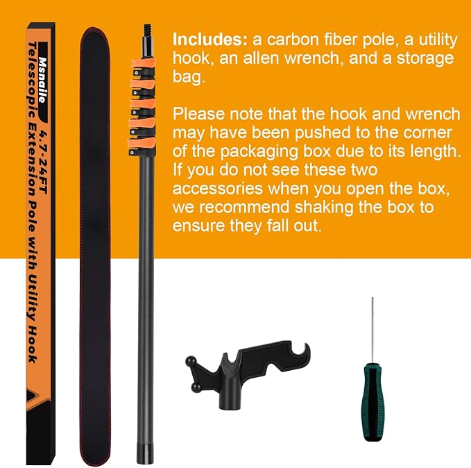 4.7-24 FT Carbon Fiber Telescopic Extension Pole with Utility Hook, Paint Roller Pole, Lightweight & Sturdy Extendable Pole for Painting, Dusting, Window Cleaning & Christmas Lights Hanging