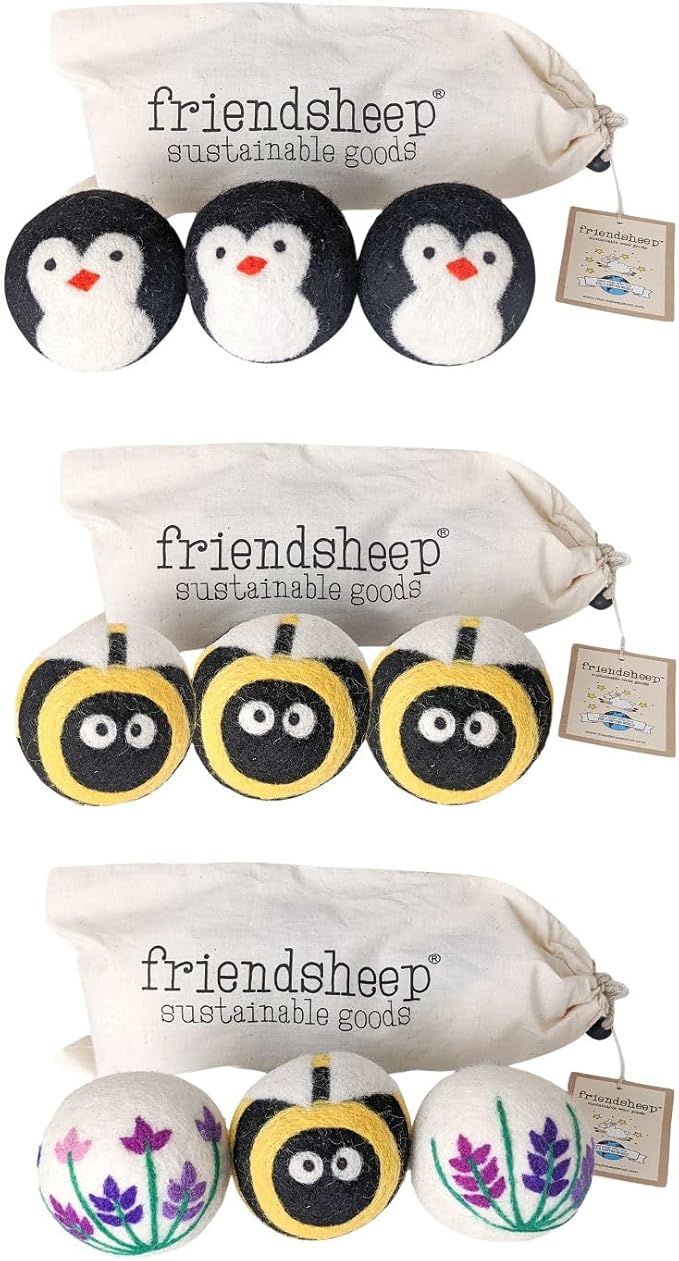 Wool Dryer Ball Bundle Lavender Fields Bee Flower + Honey Bee + Penguin by Friendsheep