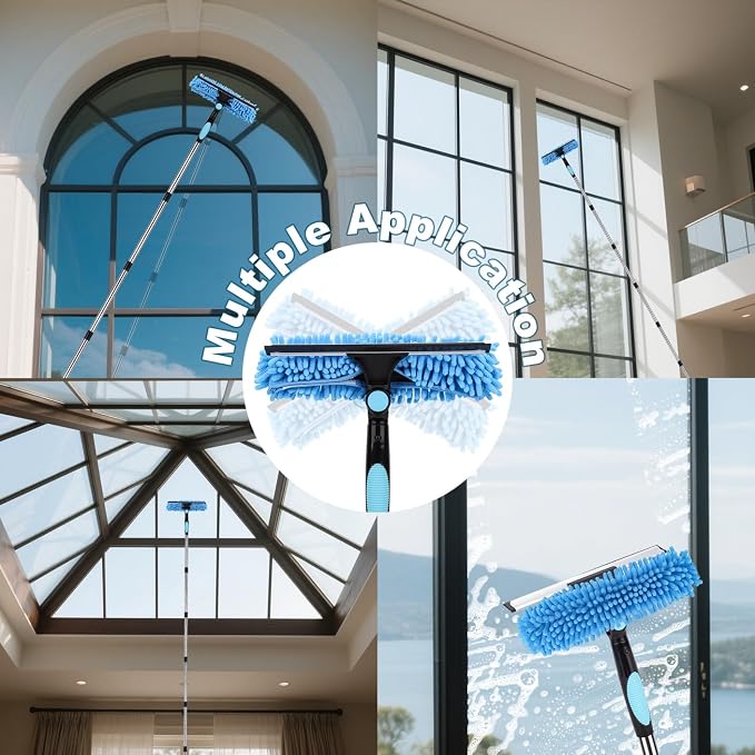 Window Squeegee Cleaner Tool with Extension Pole: 2-in-1 Window Cleaning Kit - 86.6 Inch Telescopic Long Window Cleaning Tool for High Windows Car Glass - with 2 Microfiber Cloth & Squeegee Blade