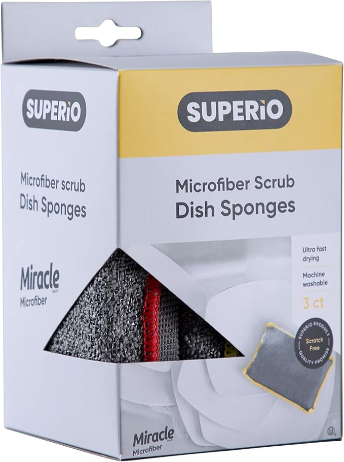 Superio Miracle Microfiber Sponges for Kitchen Kosher Non-Scratch Scrubber, Heavy Duty Multi-Purpose Cleaning - Dishes, Pots, Pans, and Countertops, Machine Washable, (Grey) (12-Pack)