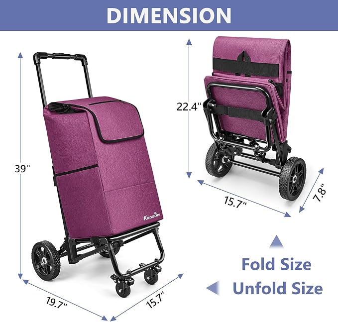 KEDSUM 3 in 1 Shopping Cart with Wheels, 60L/250LBS Multi Use Grocery Cart with 7" Big Wheels & Removable Waterproof Bag, Personal Shopping Carts for Groceries, Telescoping Handle & Thickened Steel