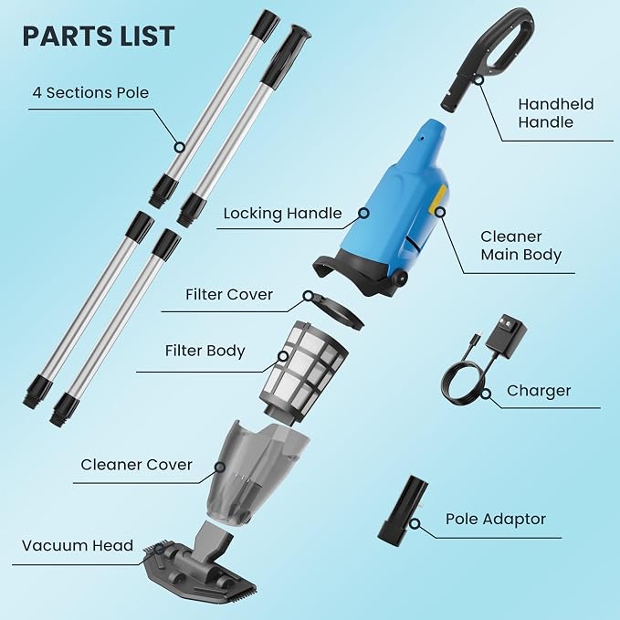 Cordless Pool Vacuum Above & Inground Pools, Powerful 15GPM Suction, Handheld Pool Vacuum with 4 Section Pole up to 87", 1H Runtime, Debris Filter Bin, Rechargeable Pool Cleaner for Spas & Hot Tubs