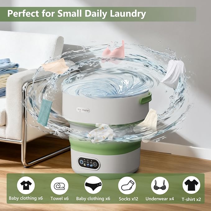 Mini Laundry Machine 16L — Foldable Portable Laundry Machine and Spinner for Baby Clothes, Underwear, Socks; Ideal for Travel, Dorms, Camping