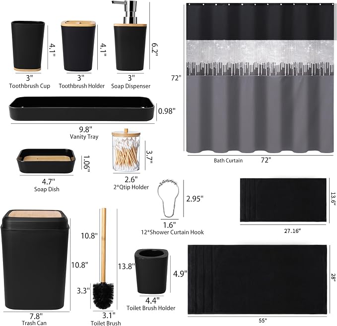 XLHOMO Bathroom Sets with Shower Curtain and Rugs,24PCS Black Bathroom Set Shower Curtain Set with Bathroom Trash Can Bathroom Accessories