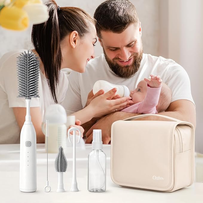 IvyWind Electric Bottle Brush Cleaner with Storage Bag, Electric Baby Bottle Brush Set with Silicone Bottle/Nipple/Straw Brush Soap Dispenser and Bottle Drying Rack for Home and Travel, White