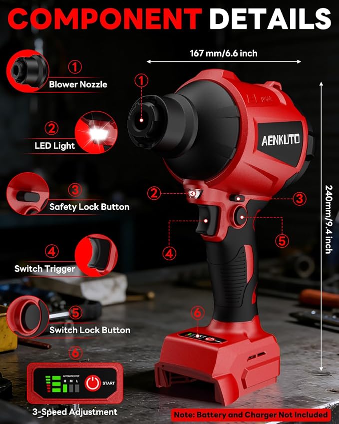 Cordless Compressed Air Duster & Blower Compatible with Milwaukee 18V Battery Brushless Handheld Dust Air Blower, 3-Speed Control, 7-in-1 Nozzles, Portable Inflatable Pump for Camping (No Battery)