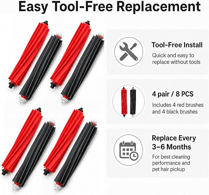 8 Pack (4 Pairs) Replacement Main Brush Set Compatible with Roborock S8 MaxV Ultra,S8 Max Ultra,Qrevo Master,Qrevo Slim,Dual Anti-Tangle Rubber Rollers,Multi-Surface Robot Vacuum Accessories