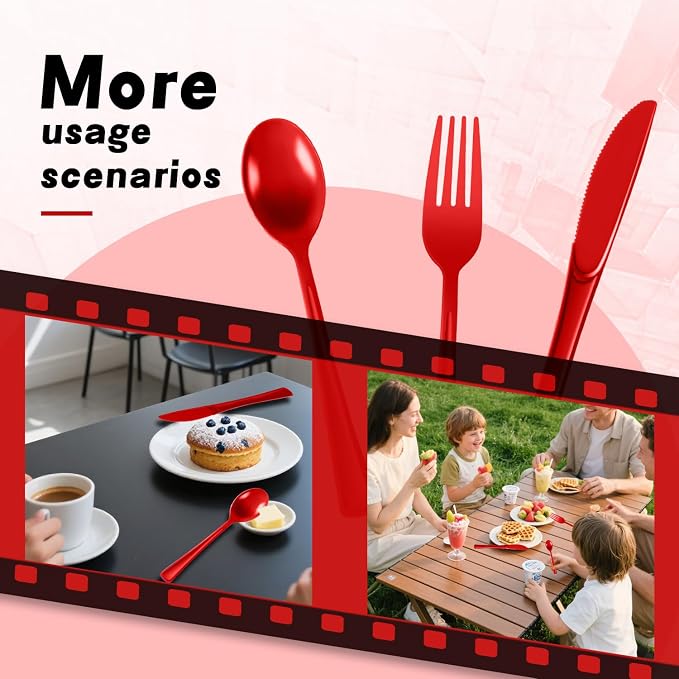 Plastic Silverware 150 PCS Disposable Silverware Heavy Duty Utensil Sets 50 Of Each Forks Knives & Spoons Disposable Cutlery Set For Easter,Birthday,Baby Shower,Garden Party,Wedding(150,Red)