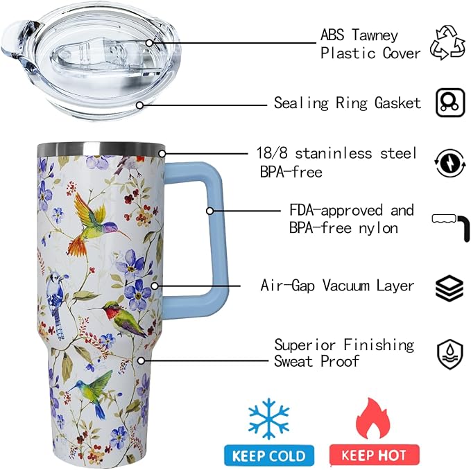 Ceovfoi 40 oz Hummingbird Tumbler with Handle Lid and Straw,Hummingbird Stainless Steel Coffee Tumbler Mug Cup Watter Botter,Bird Gifts for Bird Lovers Women, Hummingbird Stuff/Accessories