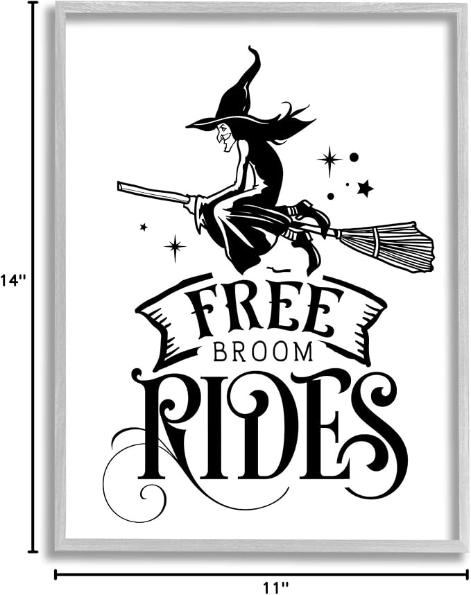 'Free Broom Rides Typography Magical Witch'| Framed Giclee Art | Stupell Industries | Gray, 11 x 14 Inches, Easy to Hang and Sturdy, Made in USA, by Lettered and Lined