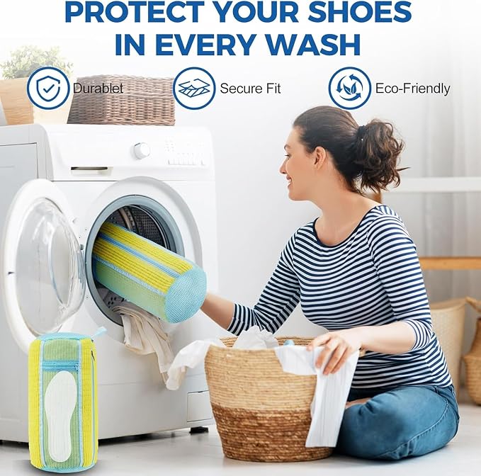 Shoe Washing Machine Bag 2 Pack, Laundry Shoe Bags with Insole Pocket, Reusable Shoe Cleaning Bags for Washer and Dryer, Protective 360° Deep Clean for Sneakers Tennis All Shoes Types(Yellow)