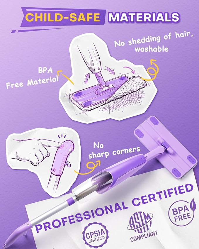 Purple Mini Spray Mop for Toddler-Montessori Cleaning Toy that Real Spray Water,Pretend Playhouse Essentials for Girls Ages 3-8,Toddler Educational Housekeeping Set