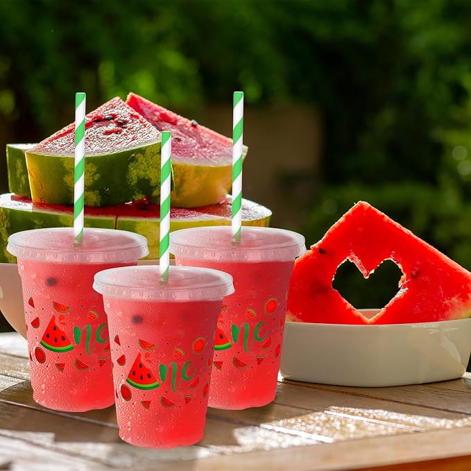 Whaline 50Pcs Watermelon Disposable Plastic Cups with Lids and Straws 12Oz Summer Fruit Cold Beverage Drinking Cups for First Birthday Baby Shower Party Supplies