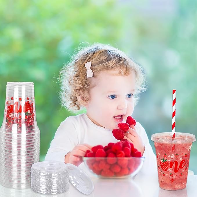 Whaline 50Pcs Strawberry Disposable Plastic Cups with Lids and Straws 12 Oz Sweet One Berry Cold Beverage Drinking Cups for First Birthday Summer Fruit Party