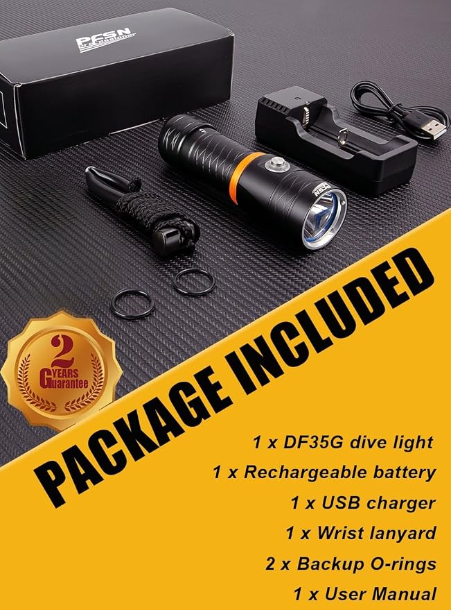 PFSN Scuba Dive Light 3500 Lumen, Underwater 150M Waterproof Diving Flashlight with 485M Narrow Beam, 20Hrs Runtime, Safety Lock Switch, Professional Rechargeable LED Dive Torch for Caving, Snorkeling