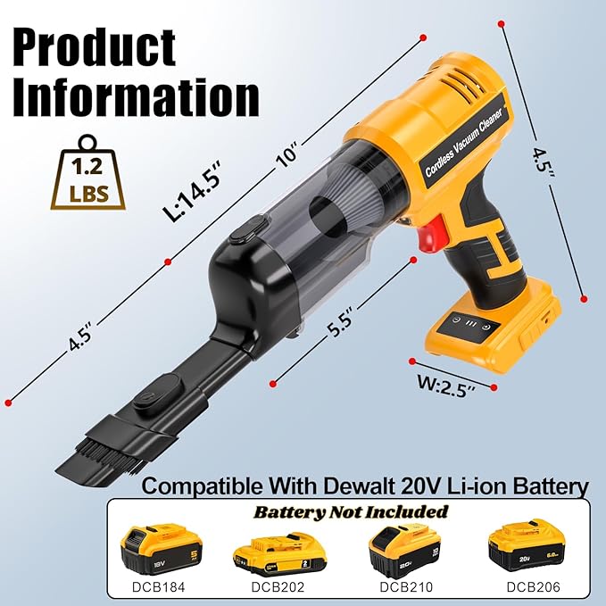 Cordless Handheld Vacuum Cleaner for Dewalt 20V Battery: 3-Speed Modes Portable Vacuum with 20kPa 105AW Powerful Suction for Car, Pet Hair, Home Cleaning (Tool Only)