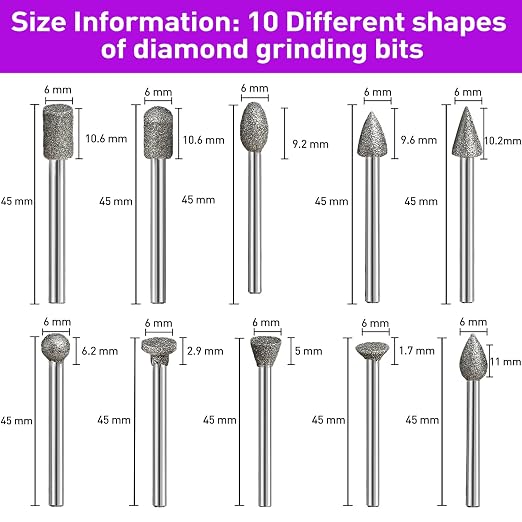 120-Grit Diamond Grinding Bit 1/8" Shank Compatible with Dremel Rotary Tool, 12Pcs Diamond Grinding Burrs for Stone Jade Glass Resin Metal Porcelain Ceramic Quartz Glaze Carving Engraving Polishing
