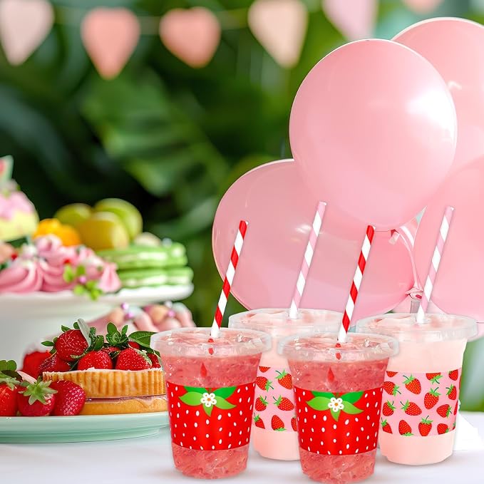 FYSUIMU 50Pcs 12Oz Strawberry Disposable Plastic Cups with Lids and Straws Sweet Fruit Theme Cold Beverage Drinking Cups for Home Kitchen Summer Birthday Supplies