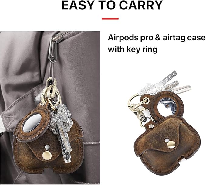 Leather Case Compatible with AirPods Pro 2nd/1st Generation/Compatible with Airtags, Cute Soft Genuine Leather PU Protective Case Cover with Keychain for Man