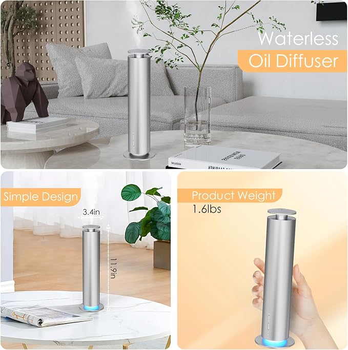 Somniare Waterless Essential Oil Diffuser, 1500 Sq. Ft Coverage Quiet Scent Diffusers for Homes, Hotels, Spas, Adjustable Mist, Included 5 Scent Oils(3.3OZ), Safe for Kids&Pets, Silver
