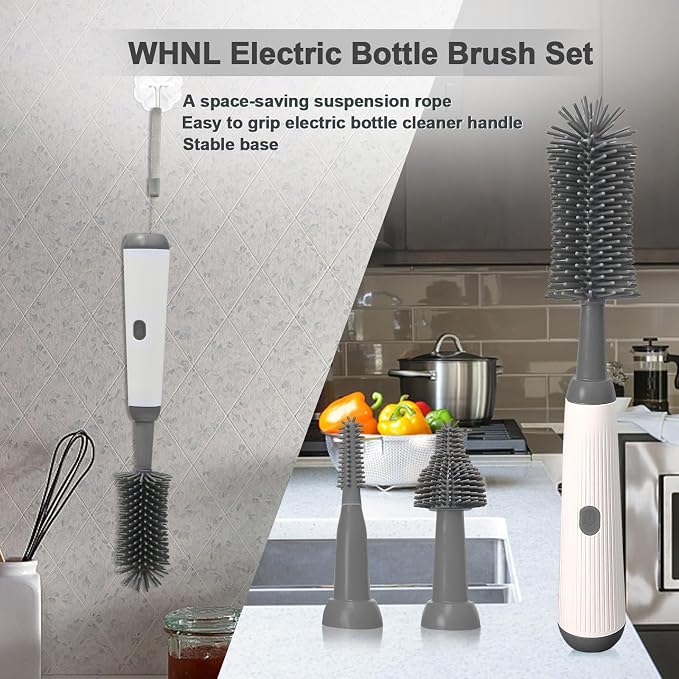 Electric Bottle Brush Set, 360°Automatic Bottle Brush Cleaner with 3 Sizes Replaceable Silicone Bottle Brush and Extension Handle for Long Bottles,Straw Cleaner Brush,IPX65& Rechargeable(Grey)