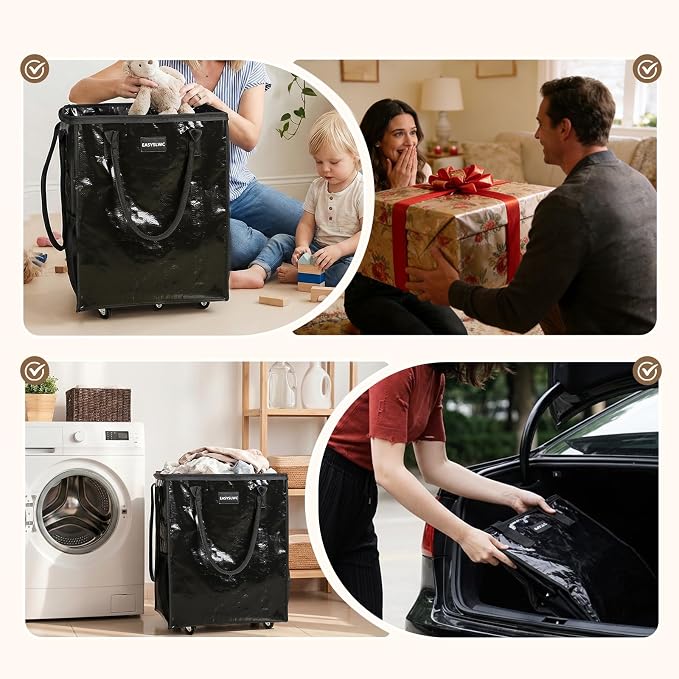 Large Reusable Hauler Rolling Tote Bag, Collapsible Portable 99L Shopping Bag Cart Tote Bag with Wheels for Groceries, Organization Bag, Heavy Duty Utility Bag with Wheels, Travel, Moving