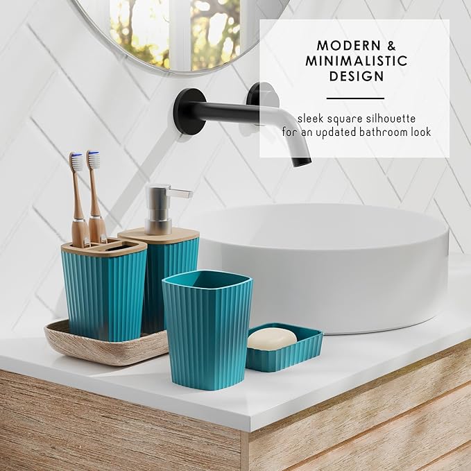Clara Clark Bathroom Accessories Set - Bathroom Set, Bathroom Sets with Shower Curtain and Rugs, Shower Curtain Set with Bathroom Trash Can - Teal - 22PC