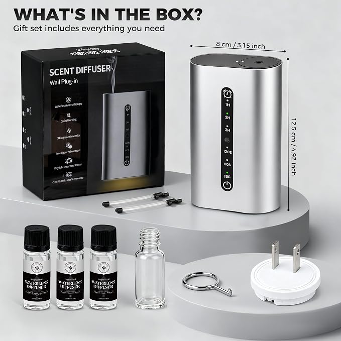 Smart Plug-in Scent Diffuser Set, Waterless Scent Diffusers Home, Cold Air Mist, Timer Control, and 3 Mist Intensity Settings, Suitable for Home, Office, and Small Spaces,White