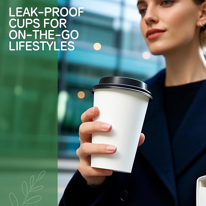 16 oz Coffee Cups with Lids and Sleeves 100 Pack,White Leak-Proof Disposable Coffee Cups for Hot/Cold Beverages, Party Supplies, To-Go Paper Cups for Coffee, Tea, Office, Picnic