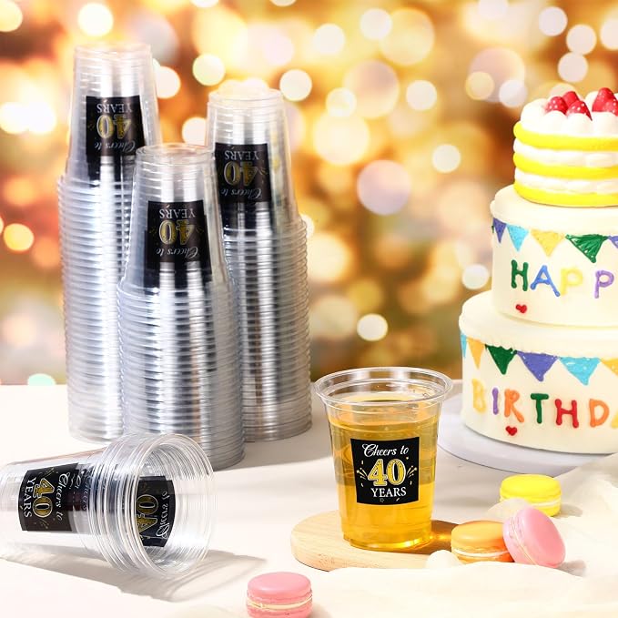 Funnymoom 100 Pack 40th Birthday Cup 12 oz Cheers to 40 Years Happy Birthday Disposable Clear Plastic Cups for Him Men Women Wedding Anniversary Decorations Party Favors