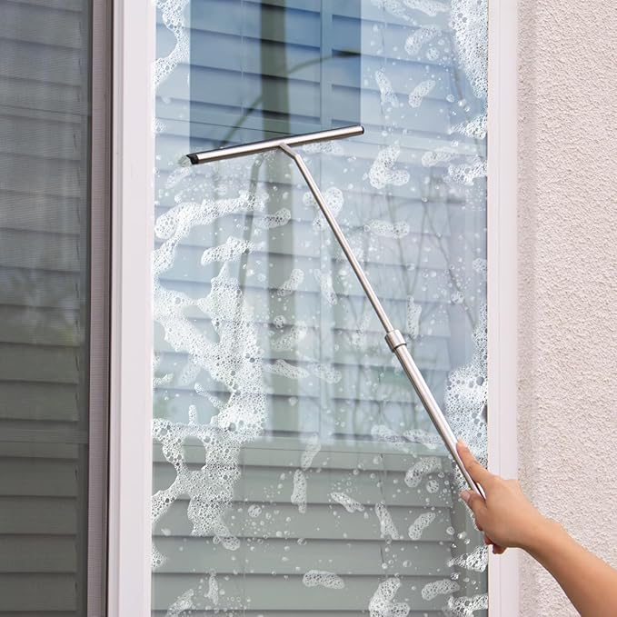 Shower Squeegee with Long Handle and Adhesive Hook. for Glass Doors, Tile Walls, Mirrors and Windows. Telescoping Squeegee for Cleaning. Bathroom Stainless Steel Squeegee, 10inch Wide, Chrome – 1pk