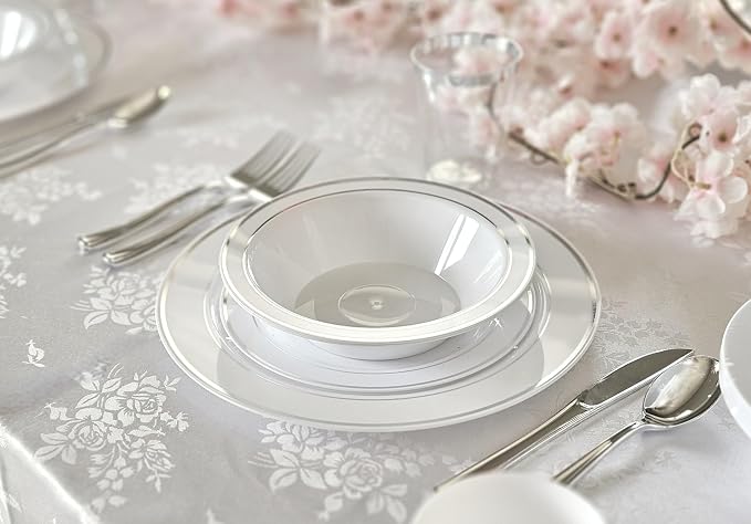 OCCASIONS 40 Piece Disposable Plastic Charger Plates 12 Inch Heavyweight Chargers for Dinner Plates, Wedding, Party, Bulk Table Setting – Premium White & Silver Rim Collection