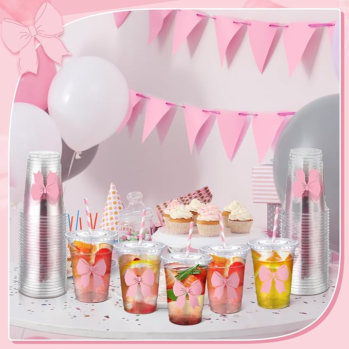 Sliner 50 Pcs 16 oz Coquette Disposable Plastic Cups with Straw for Party Supplies Bow Cups Birthday Wedding Bridal Engagement Party Drinkware Baby Shower Decoration (Pink Bow)