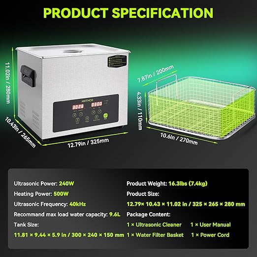 Commercial Ultrasonic Cleaner, ECO Mode, Heating, Degas Mode, ECO Energy-Saving Ultrasonic Cleaning Machine Excellent for Labs,Carburetor,Jewelry,Dentures,Automotive & Industrial Parts. (10L)