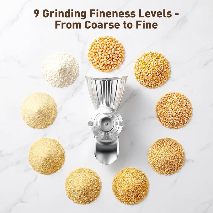 COFUN Grain Mill Attachment for Kitchen Aid Mixer, 9 Adjustable Levels All Metal Flour Mill, Fit for Wheat, Corn, Oats, Buckwheat, Millet, Coffee Beans & Dry Low-Oil Grains