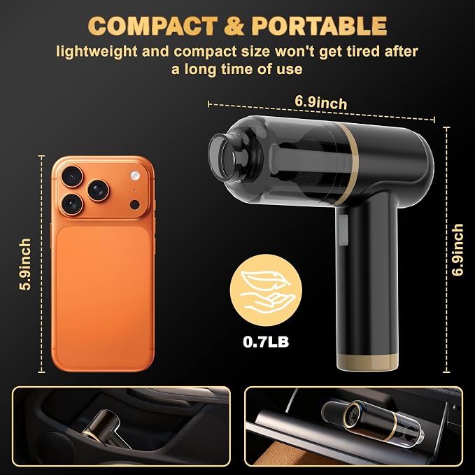 LAZYROSY 30000PA Handheld Vacuum Cleaner Suction with Brushless Motor, 6-in-1 Portable Mini Vacuum with 3 Suction Modes, Cordless Vacuum with LED Light, Type-C Charge for Car, Office Desk, Keyboards