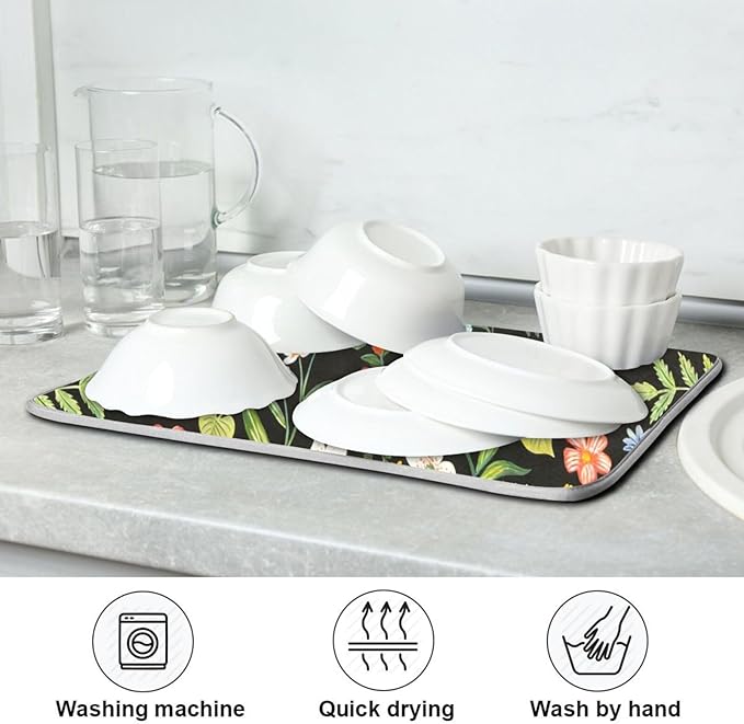Colorful Floral Large Dish Mat Absorbent Drying Mats for Countertop 18 x 24 Inches Kitchen Dry Mat for Dishes
