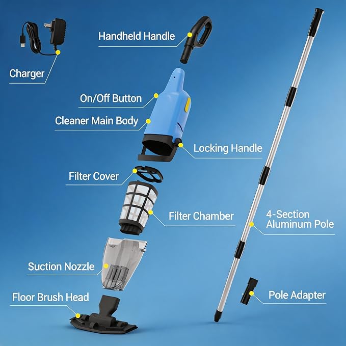 Pool Vacuum for Above Ground Pool, Cordless Handheld Rechargeable Pool Cleaner, 18 GPM Powerful Suction, 90 mins Runtime, 120μm Fine Filter, Leaf Vacuum Ideal for Inground Pool, Spa & Hot Tubs