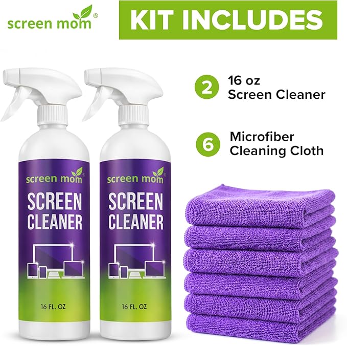 Screen Mom Ultimate Screen Cleaning Kit - 2 Pcs 16oz TV Screen Cleaner Spray and 6 Pcs Microfiber Cloths TV Cleaner Spray and Cloth, Laptop, Phone, iPad, Car and Computer Cleaning Kit Electronic